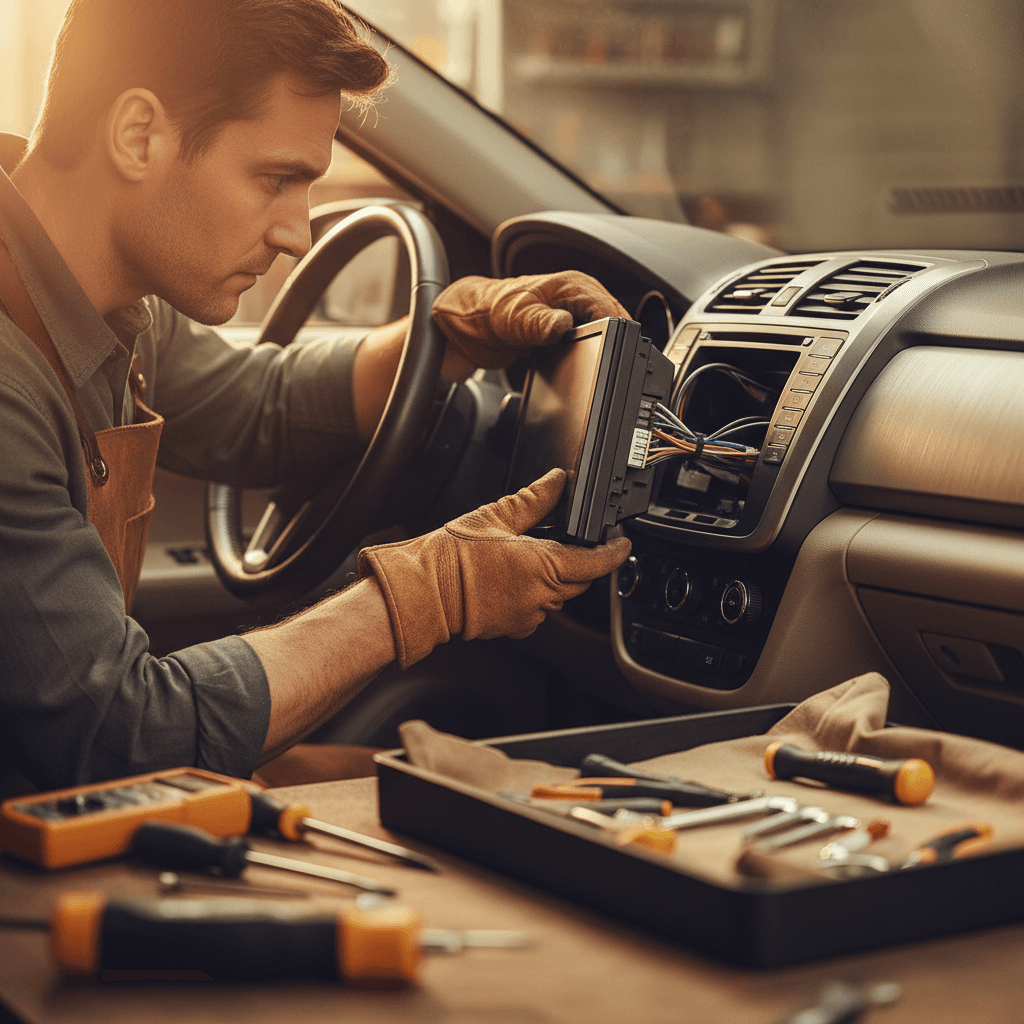 Technician installing car audio head unit in vehicle dashboard