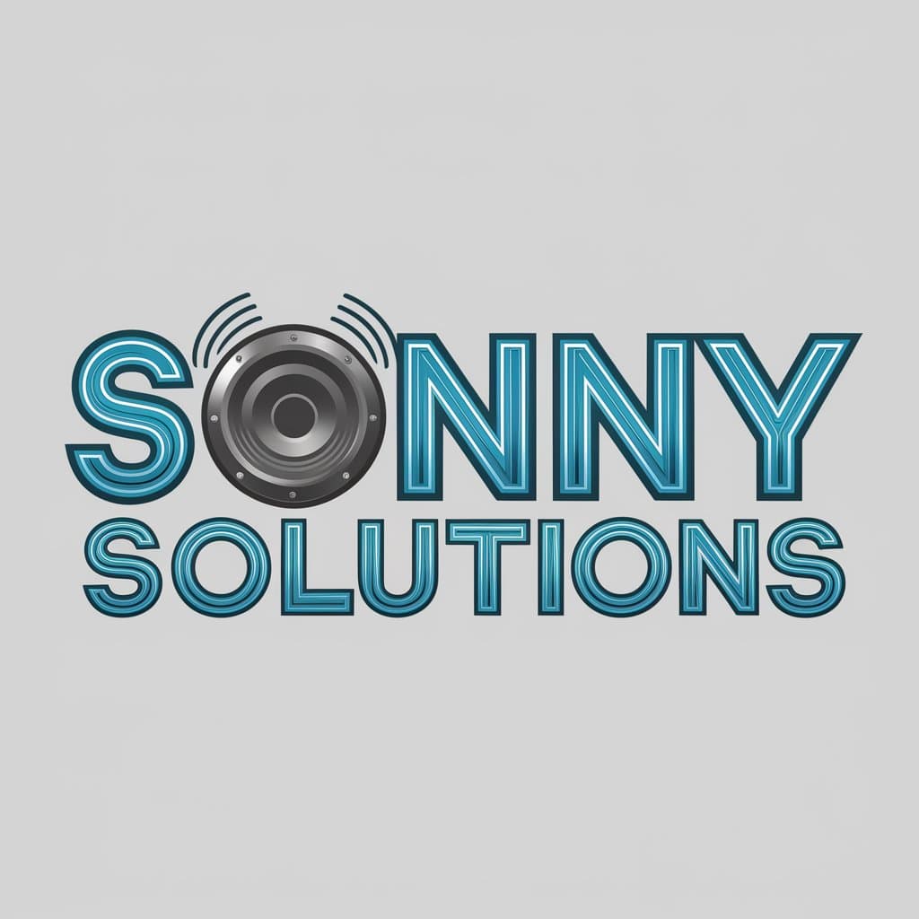 SONNY SOLUTIONS logo: blue 3D text with a speaker icon replacing the 'O', emitting sound waves.